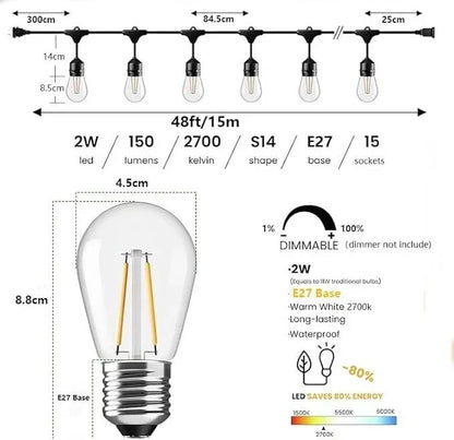 Feit 48ft (14.6m) Heavy Duty LED Waterproof String Lights Set With 26 Bulbs New
