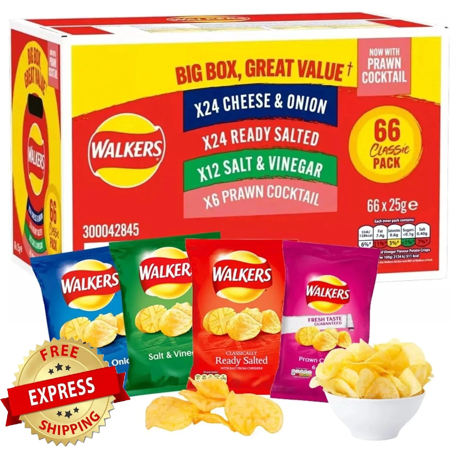 Walkers Crisps Variety Box 66 x 25g  4 Classic Flavours Snack Pack Bulk Deal UK