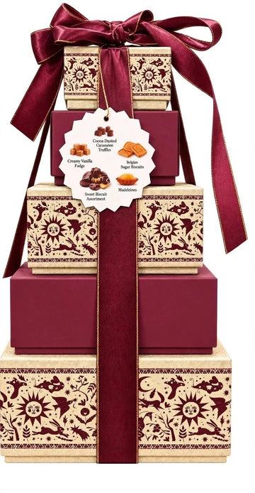 Christmas Sweet Tower Gift Set 1.6kg Luxury Stacked Boxes Red Ribbon Food Hamper