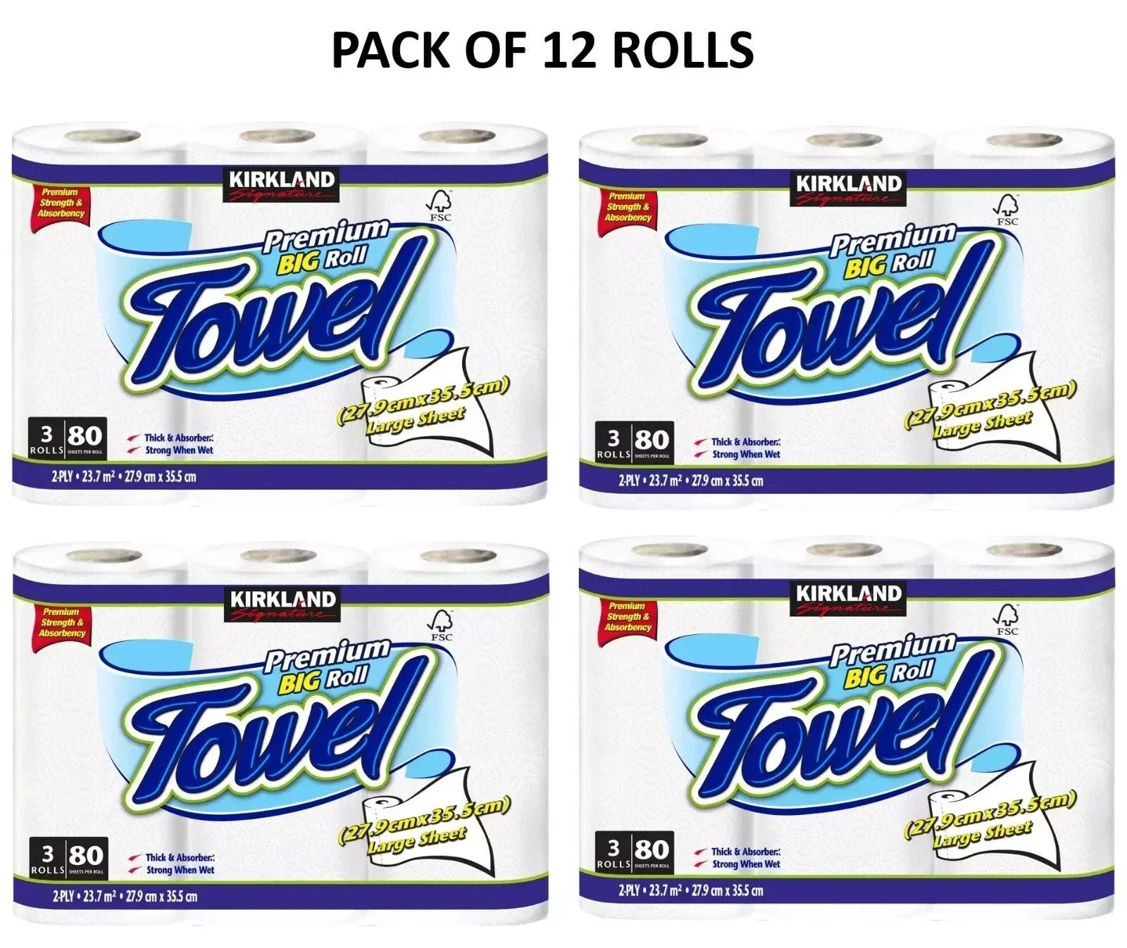 Kirkland Kitchen Towel 12 Premium Thick Absorbent Rolls – 2-Ply 80 Sheets Each
