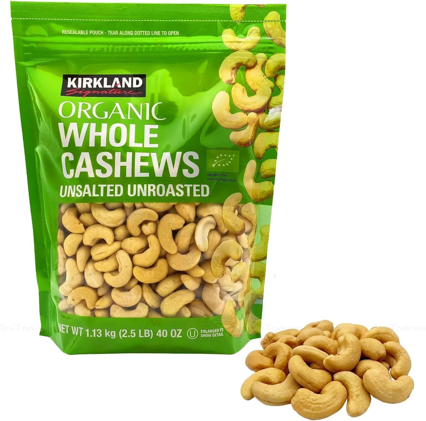 Kirkland Organic Cashews 1.13kg Unsalted Unroasted Whole Nuts Vegan Snack Bag