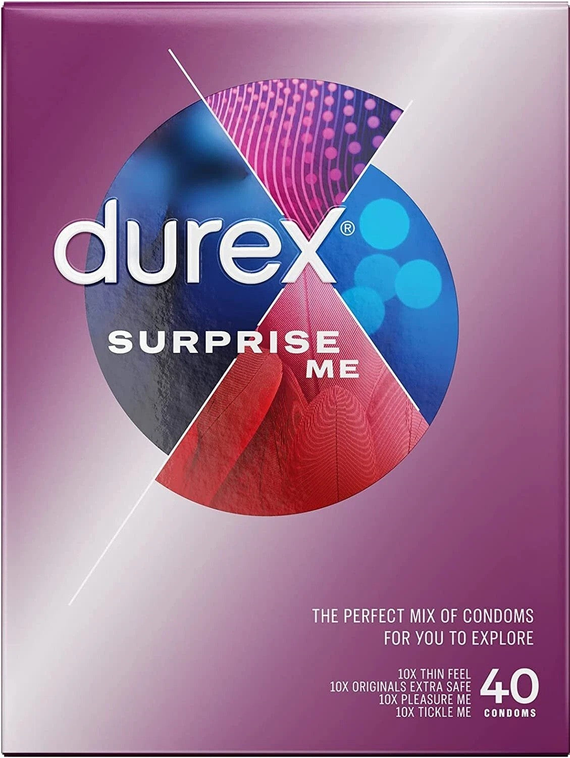 Durex Surprise Me Mixed Condoms Thin Thick Ribbed Dotted Condoms Pack of 40