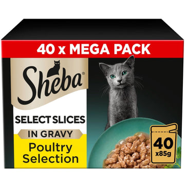 40 x 85g Sheba Select Slices Adult Wet Cat Food Pouches Mixed Poultry in Gravy