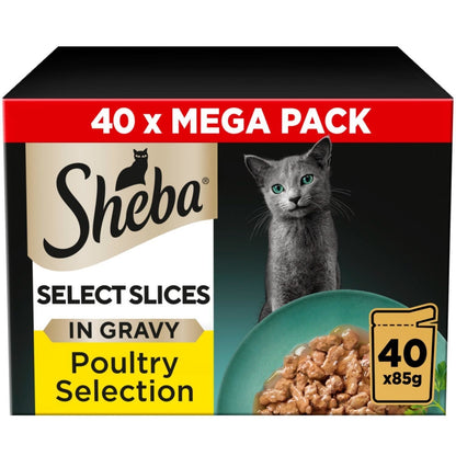 40 x 85g Sheba Select Slices Adult Wet Cat Food Pouches Mixed Poultry in Gravy
