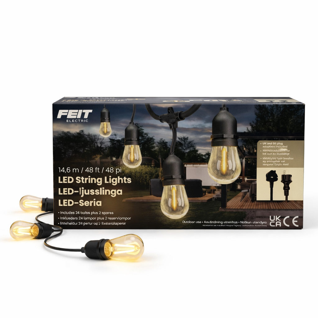 Feit 48ft (14.6m) Heavy Duty LED Waterproof String Lights Set With 26 Bulbs New