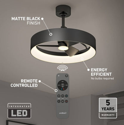 Artika Austin Black Ceiling Fan LED Remote Control Light Modern Silent Fandelier