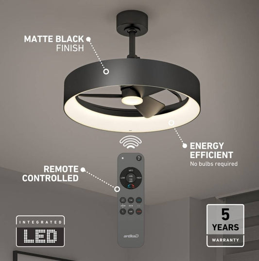 Artika Austin Black Ceiling Fan LED Remote Control Light Modern Silent Fandelier