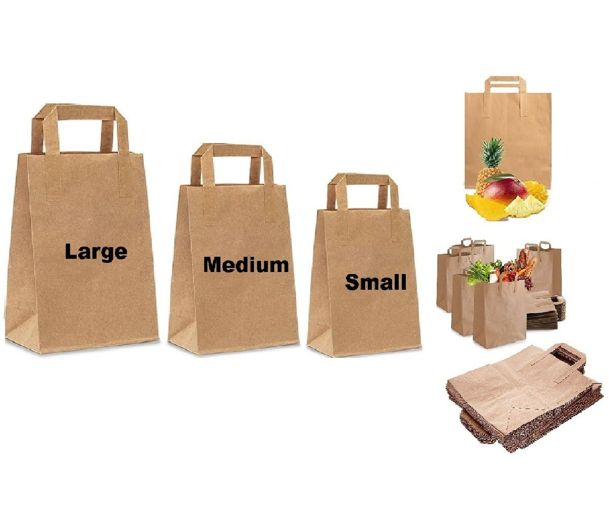 Kraft Brown Paper Carrier Bags Takeaway Food Flat Handle Party Gift Bag UK ECO