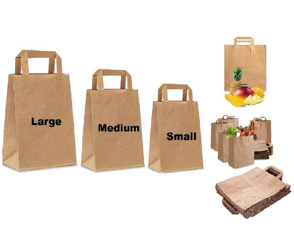 Kraft Brown Paper Carrier Bags Takeaway Food Flat Handle Party Gift Bag UK ECO