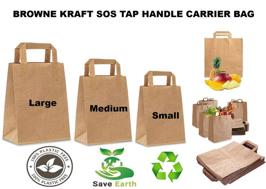 Kraft Brown Paper Carrier Bags Takeaway Food Flat Handle Party Gift Bag UK ECO