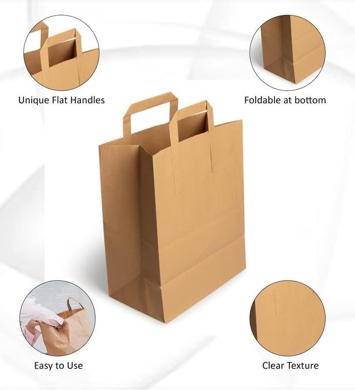 Kraft Brown Paper Carrier Bags Takeaway Food Flat Handle Party Gift Bag UK ECO